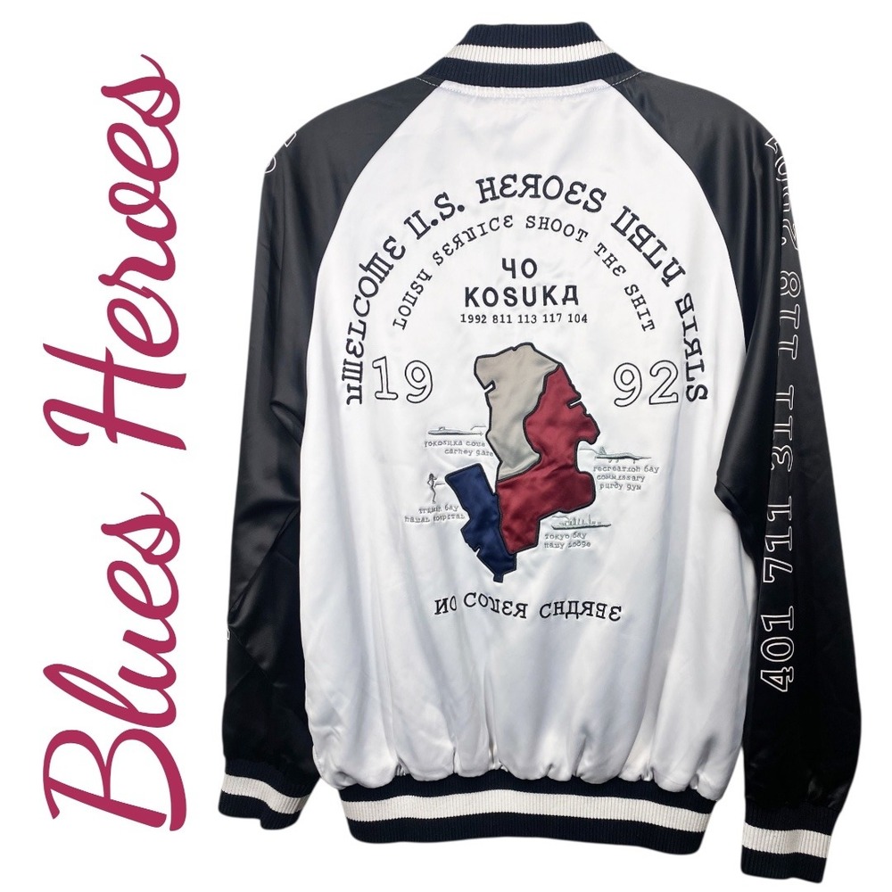 Blues Heroes Mens Satin Bomber Jacket Military Streetwear Japanese Style Medium